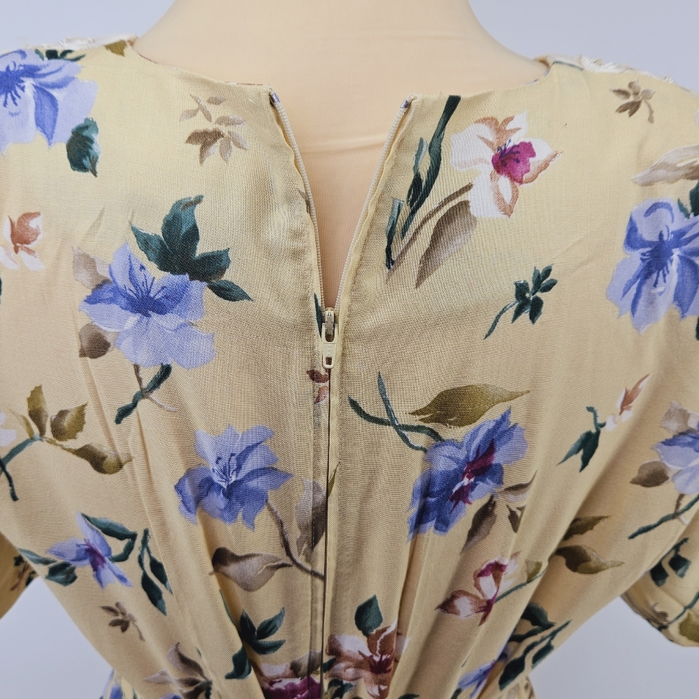 Vintage Prairie Cottagecore Floral Midi Dress Yellow Lace Collar Empire Waist 8 - Picture 7 of 13